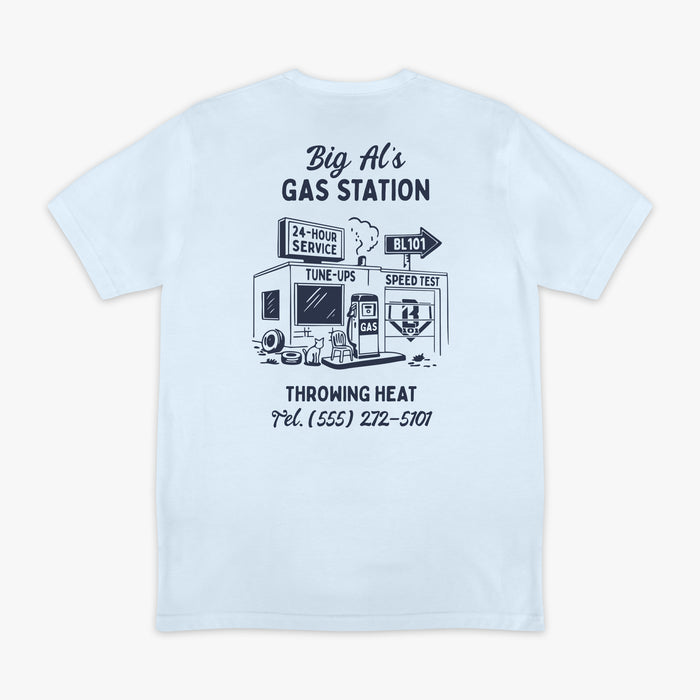 Blue graphic tee with “Throwing Heat” design — back view