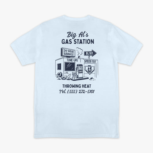 Blue graphic tee with “Throwing Heat” design — back view