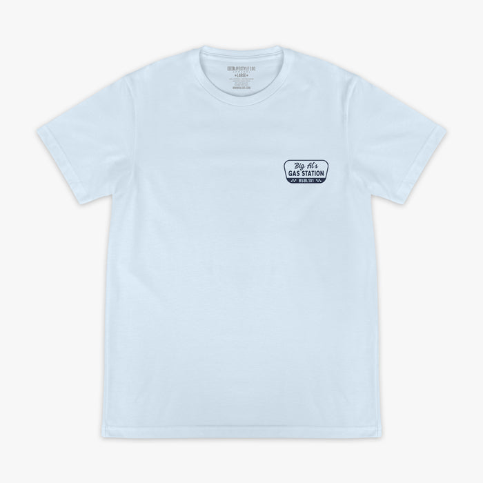 Blue graphic tee with “Throwing Heat” design — front view