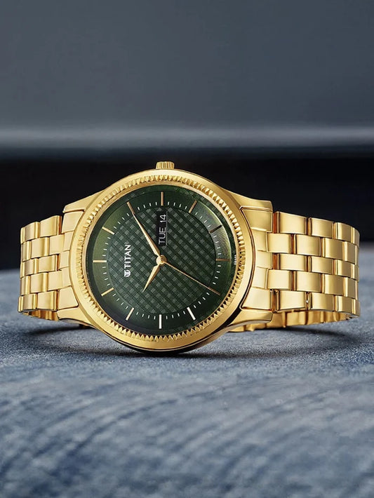 Titan Brass Dial & Stainless Steel Bracelet Style Strap Analogue Watch - 1824YM02
