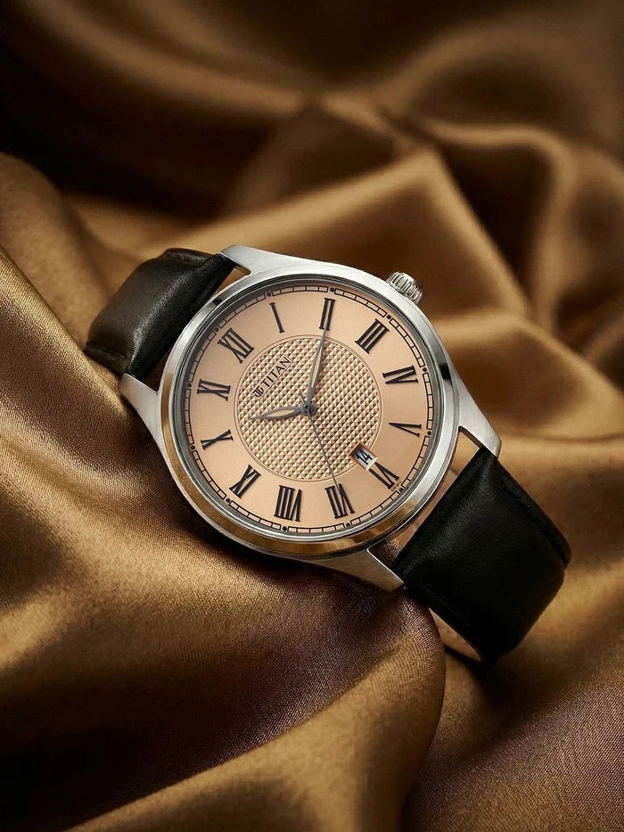 Titan Dial & Leather Strap Analogue Date Aperture Watch -  10063SL01