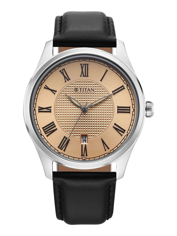 Titan Dial & Leather Strap Analogue Date Aperture Watch -  10063SL01