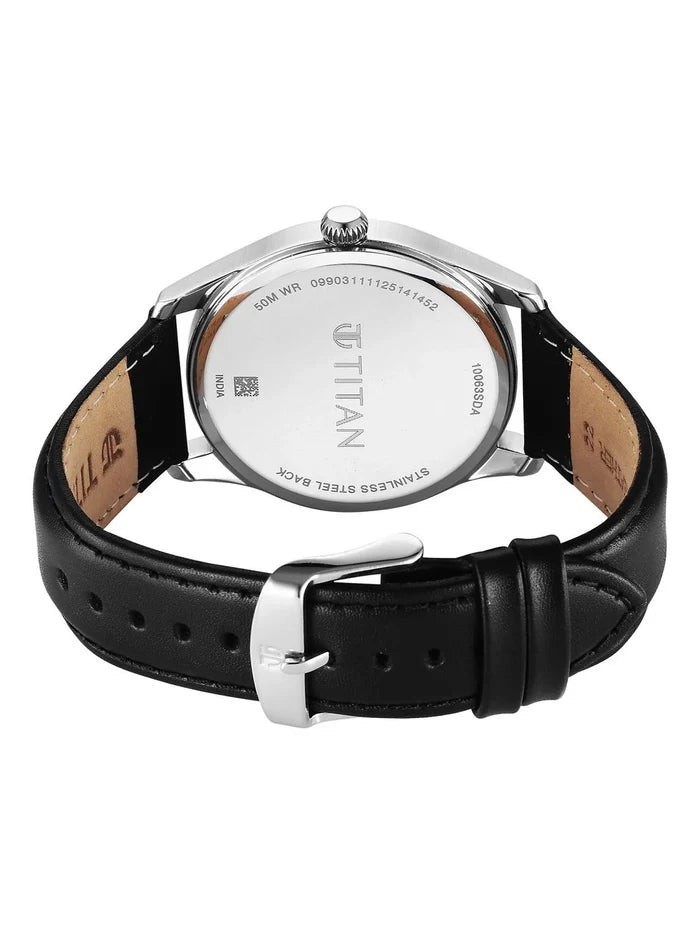 Titan Dial & Leather Strap Analogue Date Aperture Watch -  10063SL01