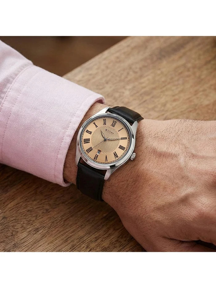Titan Dial & Leather Strap Analogue Date Aperture Watch -  10063SL01