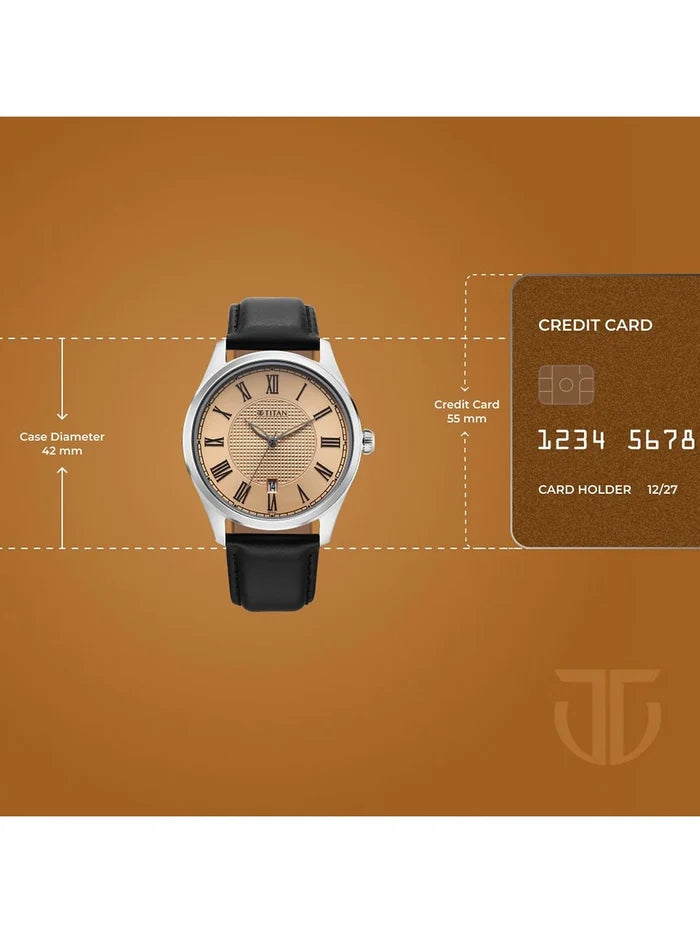 Titan Dial & Leather Strap Analogue Date Aperture Watch -  10063SL01