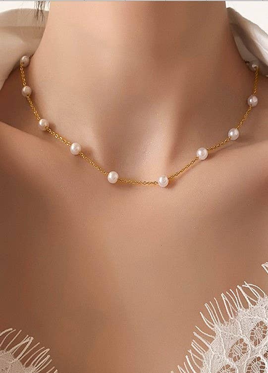 TITANIUM  STEEL PEARL STATION NECKLACE 1
