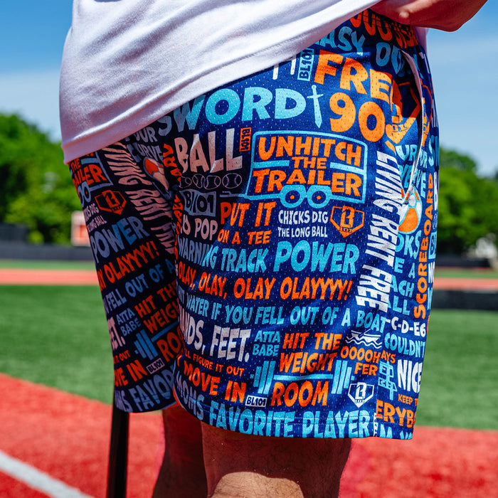 Adult model wearing navy shorts with "Trash Talk" design