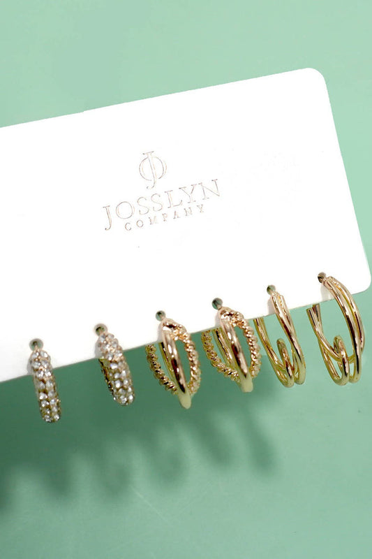 TRIO HUGGIE HOOP RHINESTONE TITANIUM POST EARRINGS GOLD