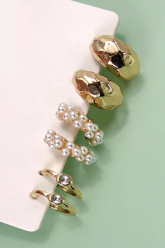 TRIO PEARL DIAMOND CUT HUGGIE HOOP EARRINGS Gold