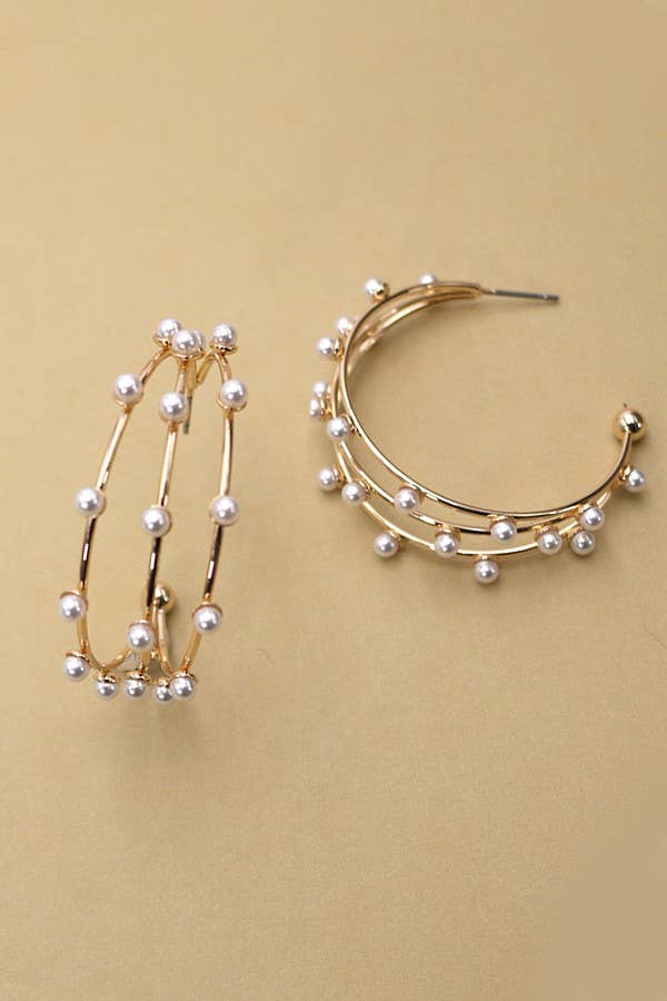 TRIPLE ROW WIRE PEARL HOOP EARRINGS  |Gold