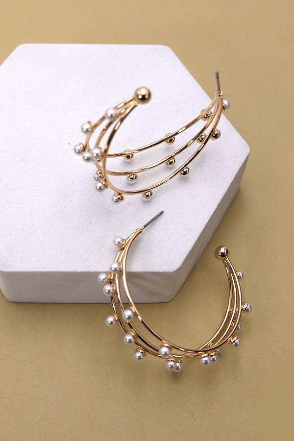 TRIPLE ROW WIRE PEARL HOOP EARRINGS  |Gold