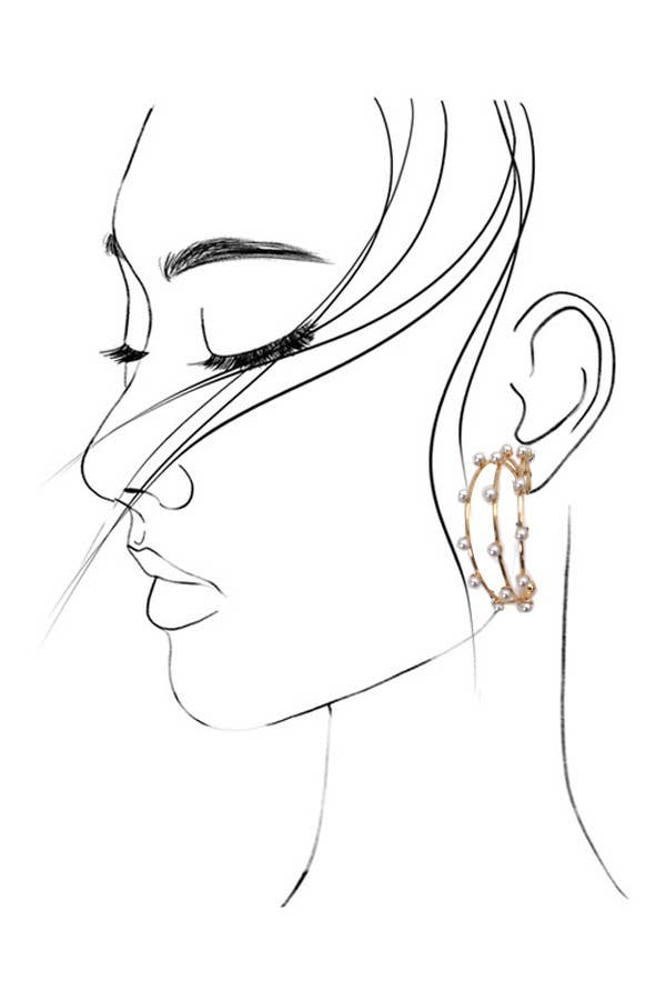 TRIPLE ROW WIRE PEARL HOOP EARRINGS  |Gold