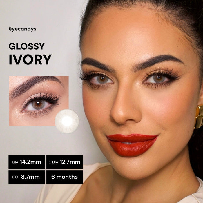 Close-up of model’s face wearing EyeCandys Glossy Ivory prescription colored contact lenses, natural makeup look, realistic ivory eye enhancement