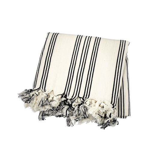 Black-striped Turkish cotton throw blanket with fringed tassels on the edge