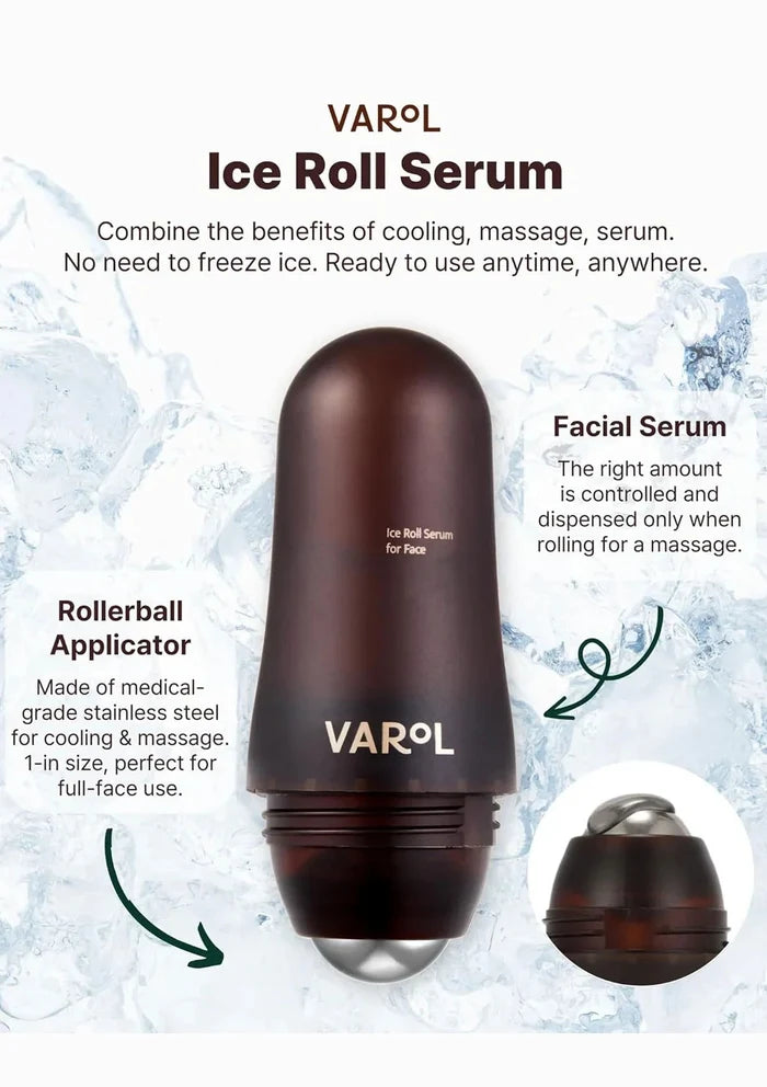 VAROL Ice Roll Serum with text describing its features on a white background.