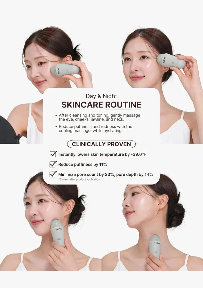 Woman using a skincare device with text on a white background