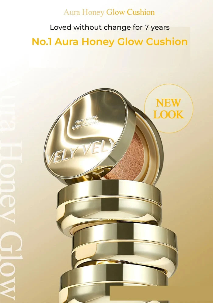 VELY VELY Aura Honey Glow Cushion with SPF 50+ PA+++ indicating the product features and benefits such as high coverage, moisturizing, and lightweight.
