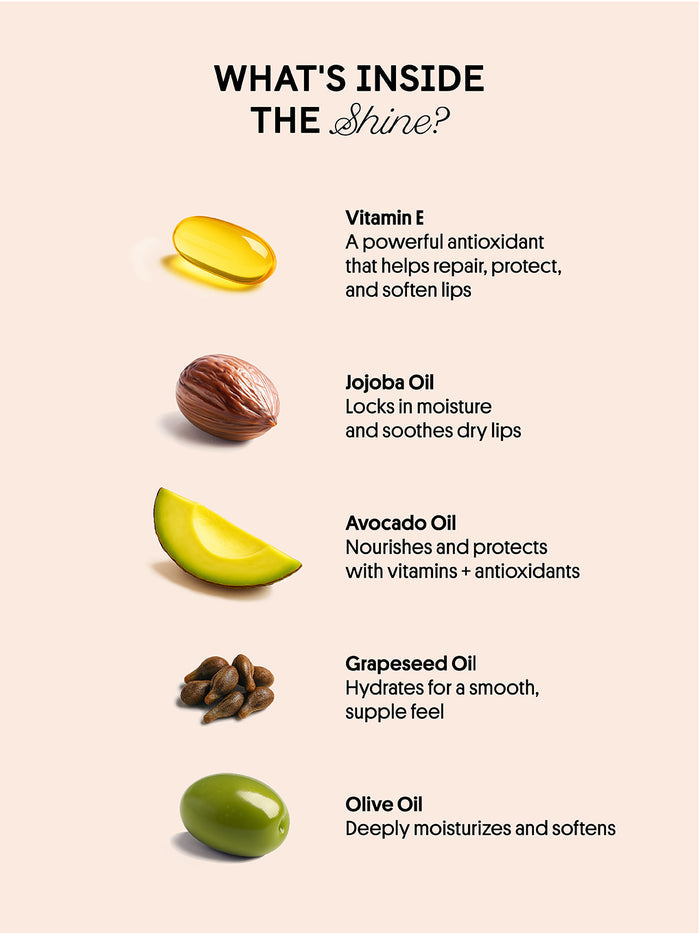 pink opal shimmer -- overview of key ingredients in nourishing lip oils with pictures