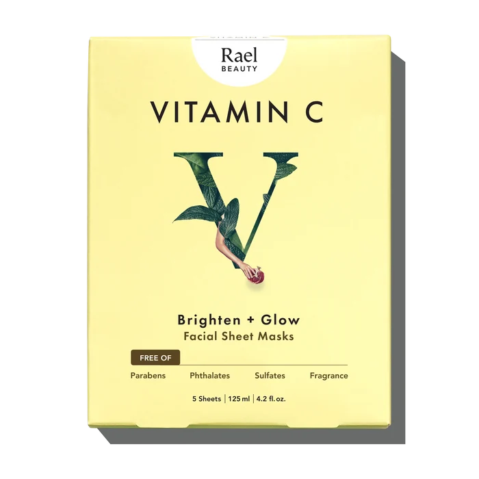 A pack of Rael Vitamin C Brighten + Glow Facial Sheet Masks, with a graphic of a green plant on the front, indicating the product is for skin care.