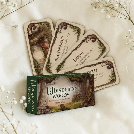 Set of cards titled 'Lil' Whispering Woods' on a light surface with decorative elements.