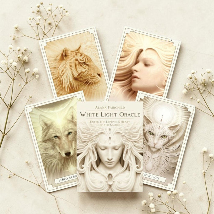 White Light Oracle cards with animals and a woman on a light background