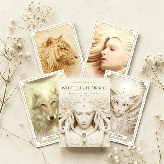 White Light Oracle cards with animals and a woman on a light background