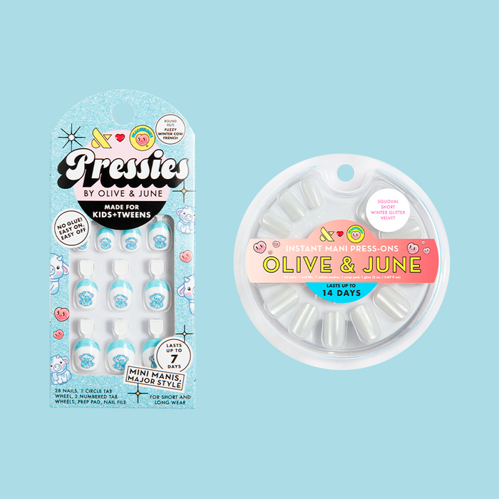 Winter Cow Set with kids and adult press-on nails featuring winter cow designs for easy at-home manicures