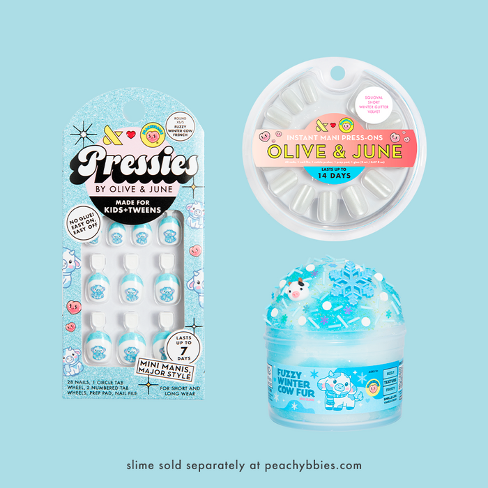 Winter Cow Set featuring kids and adult press-on nails with winter cow designs and matching blue slime container