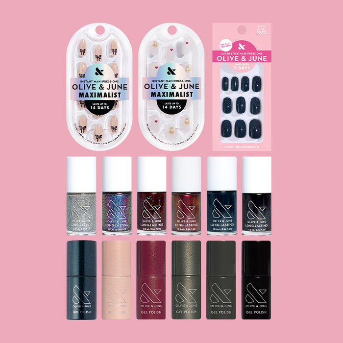Winter Polish & Press-On Set with six gel polishes, six long-lasting polishes, and three stylish press-on nail designs