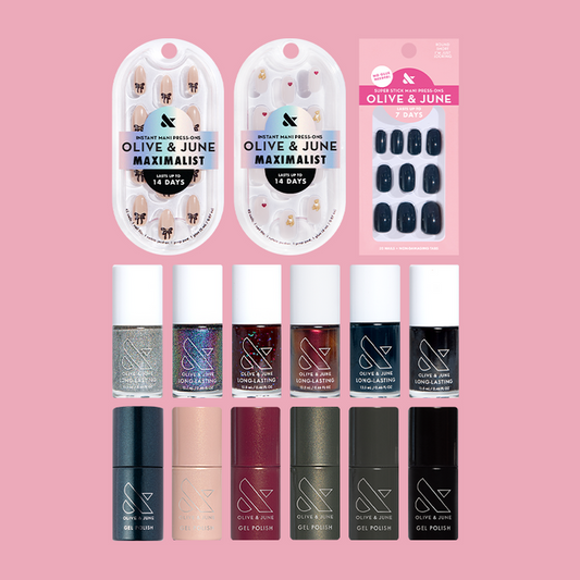 Winter Polish & Press-On Set with six gel polishes, six long-lasting polishes, and three stylish press-on nail designs